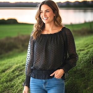 Charles Nolan Silk Top M Sheer Black‎ Fairy Grunge Swiss Dot Witchy Whimsigoth